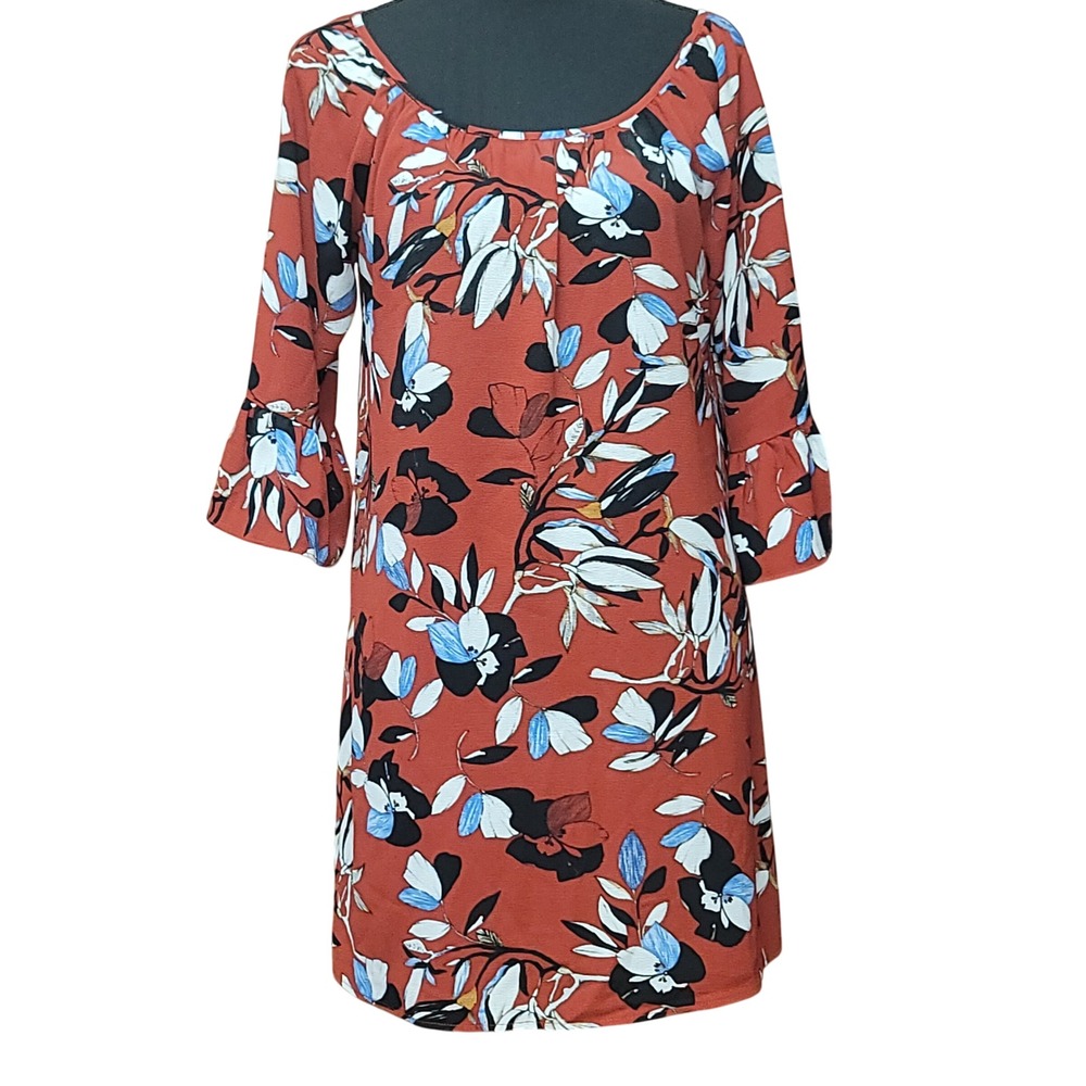 Heart Soul Scoop Neck Floral Midi Dress M Bell Sleeves Boho Fall Office Work Y2K